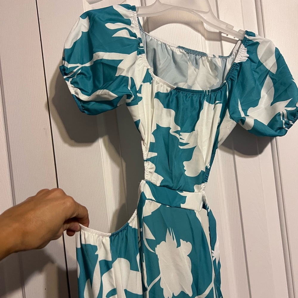 Teal and White Floral Puff Sleeve Dress SHEIN